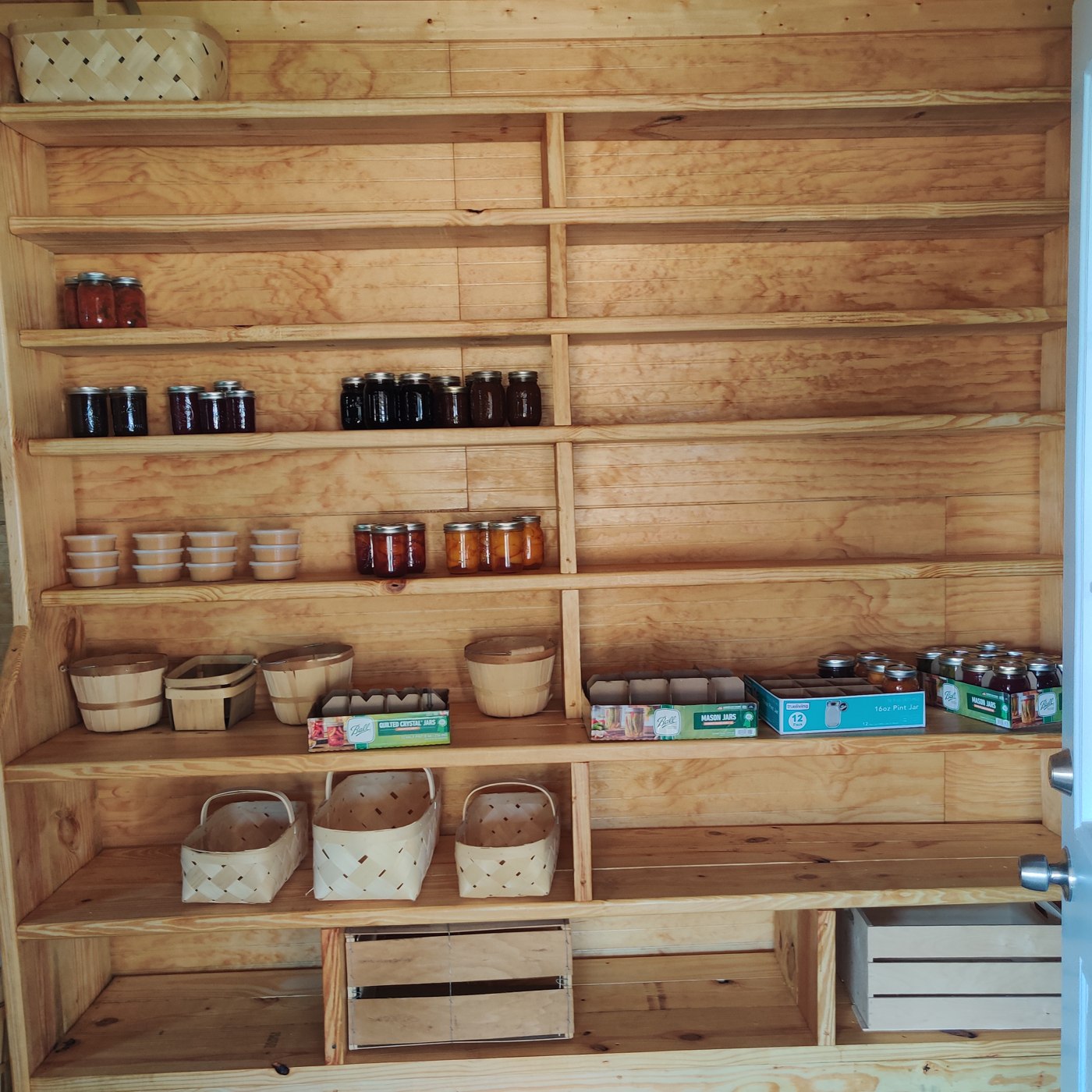 Container renovation with wood-lined interior and shelving