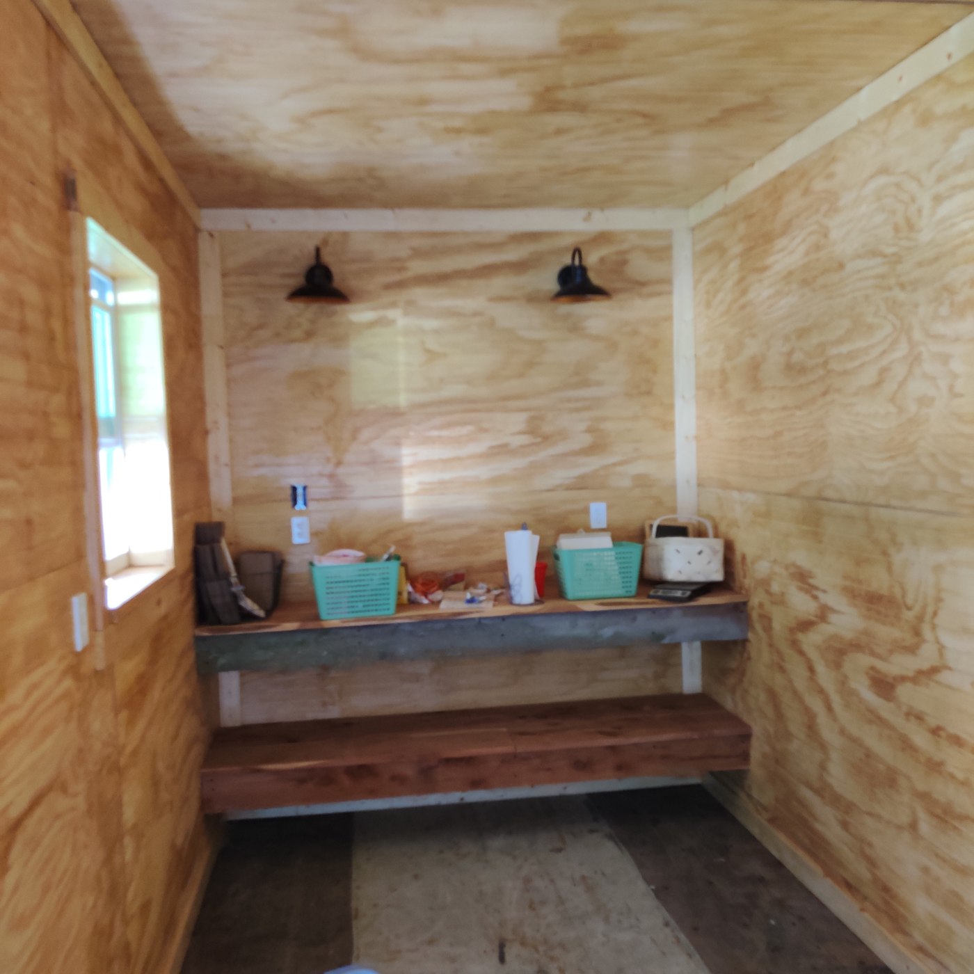 Container renovation with wood-lined interior and shelving
