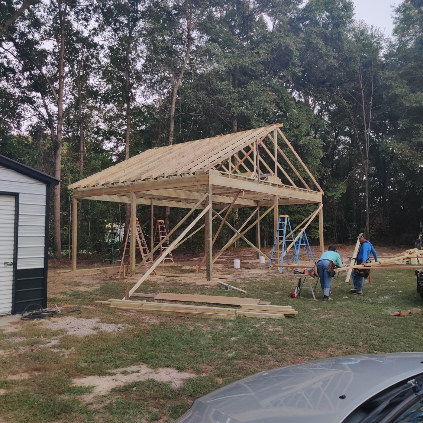 Pole barn timber framing in progress