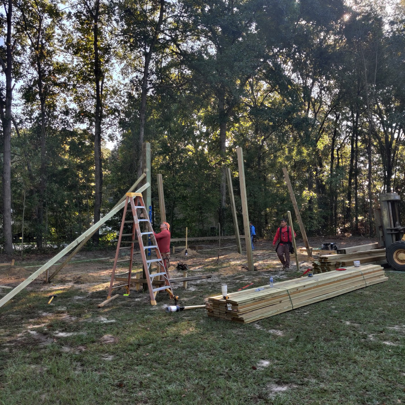 Pole barn support posts during early construction