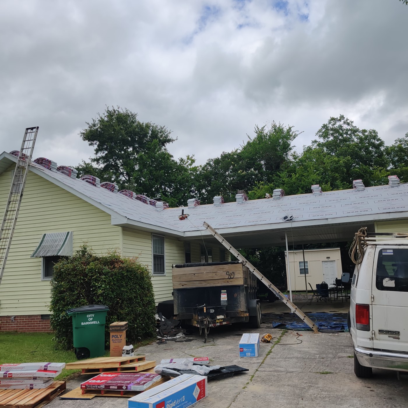 Barnwell roofing project — roof exterior and progress view