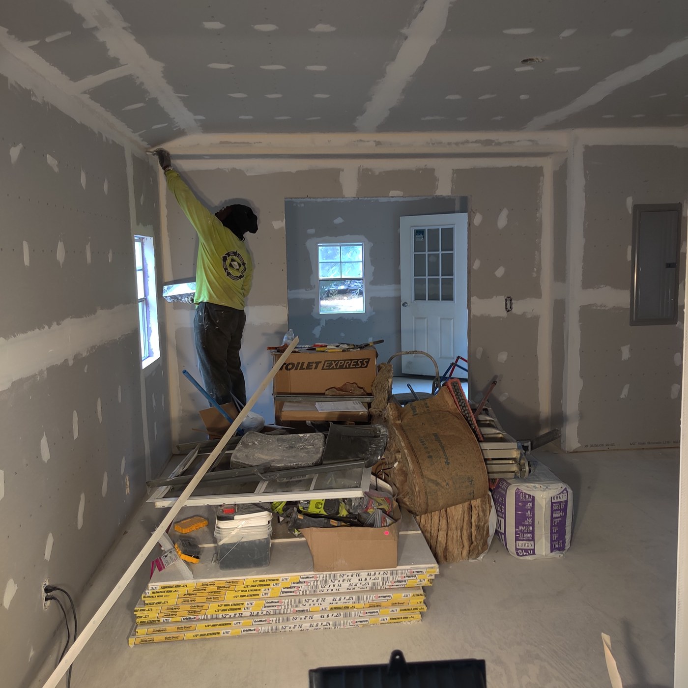 Interior renovation with drywall installed